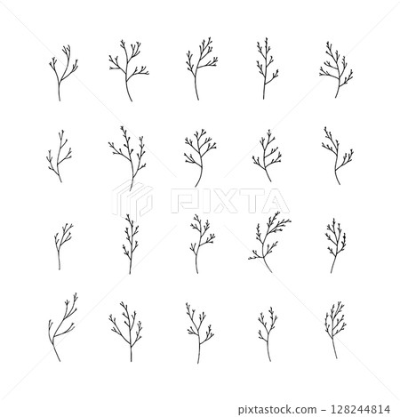 Simple Botanical Twigs. A minimalist arrangement of hand-drawn botanical twigs with clean, natural lines and delicate leaves, perfect for subtle nature-themed compositions. 128244814