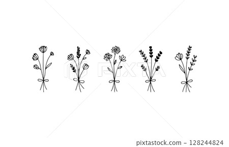Standing Wildflower Sprigs. A vertical arrangement of hand-drawn flower stems with balanced linework, perfect for botanical layouts or nature-inspired graphics. Standing Wildflower Sprigs. A vertical arrangement of hand-drawn flower stems with balanced linework, perfect for botanical layouts or nature-inspired graphics. 128244824