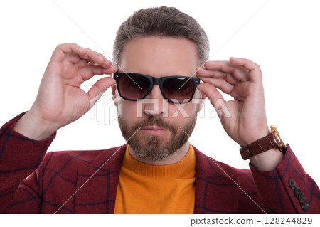 Stylish man in menswear isolated on white. Man in business jacket and sunglasses. Mature man wear menswear fashion. Stylish and trendy. Hispanic fashion model. Stylish portrait Stylish man in menswear isolated on white. Man in business jacket and sunglasses. Mature man wear menswear fashion. Stylish and trendy. Hispanic fashion model. Stylish portrait 128244829