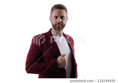 Mature man wear fashion jacket. Stylish and trendy. Hispanic fashion model. Stylish man in business jacket isolated on white. Man in business menswear. Elegant icon Mature man wear fashion jacket. Stylish and trendy. Hispanic fashion model. Stylish man in business jacket isolated on white. Man in business menswear. Elegant icon 128244830
