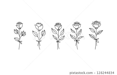 Flower in Line Art. Minimalistic flower illustration with smoothly growing stem done in single line styles suitable for wall art, packaging and nature themed images. 128244834