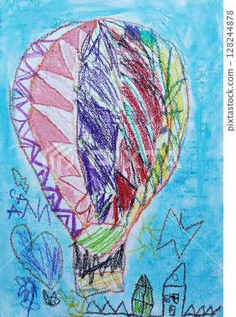 Naive art picture of hot air balloon on light blue background. Handdrawn artwork created by 5s child using chalk pastel and oil crayons. Art education for children Naive art picture of hot air balloon on light blue background. Handdrawn artwork created by 5s child using chalk pastel and oil crayons. Art education for children 128244878