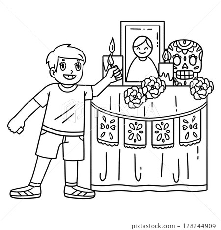 Dia de los Muertos Boy Lighting Candles on Ofrenda 128244909