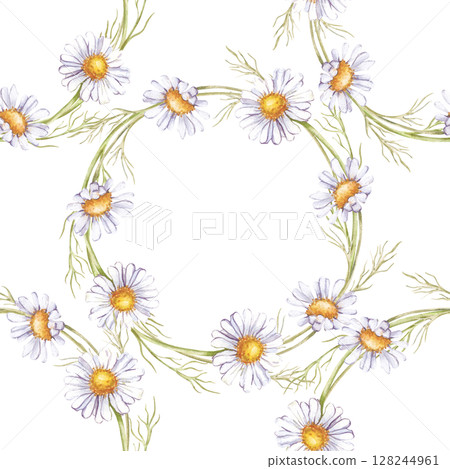 Watercolor seamless pattern of daisy wreaths. Botanical illustration with white wildflowers. Isolated. Seamless floral background for wrapping paper, wrappers, wallpaper. Watercolor seamless pattern of daisy wreaths. Botanical illustration with white wildflowers. Isolated. Seamless floral background for wrapping paper, wrappers, wallpaper. 128244961