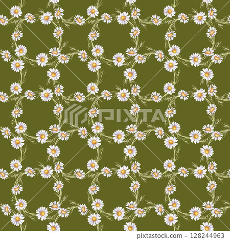 Seamless watercolor background with daisy wreaths on a green background. Watercolor illustration with white wildflowers. Seamless pattern for scrapbooking, packaging, wallpaper, wrapping paper. Seamless watercolor background with daisy wreaths on a green background. Watercolor illustration with white wildflowers. Seamless pattern for scrapbooking, packaging, wallpaper, wrapping paper. 128244963