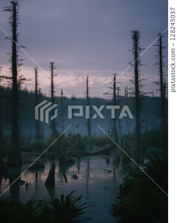 Misty prehistoric swamp at dusk with tall trees and ancient flora evokes a moody primeval landscape perfect for environmental, fantasy, or nature science content 128245037