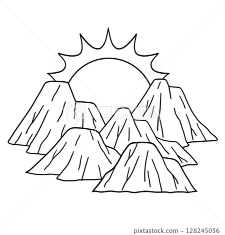 Desert Mountain Sunset Isolated Coloring Page  128245056