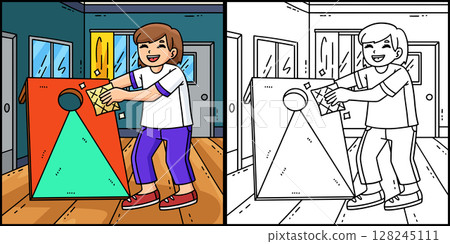 Cornhole Girl Cleaning Board Coloring Illustration 128245111