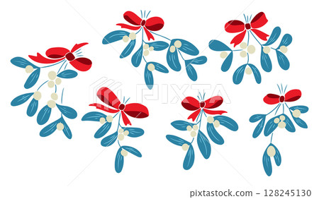Mistletoe branches with red bows and white berries, hand drawn in simple flat style Mistletoe branches with red bows and white berries, hand drawn in simple flat style 128245130