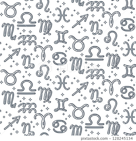 Zodiac sign pattern with hand drawn symbols and stars, seamless linear design. Concept of astrology, horoscope and cosmic energy. 128245134
