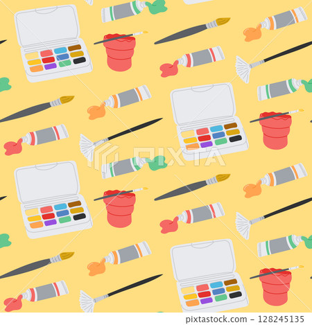 Seamless pattern with paint palettes, brushes and tubes, hand drawn in colorful flat style 128245135