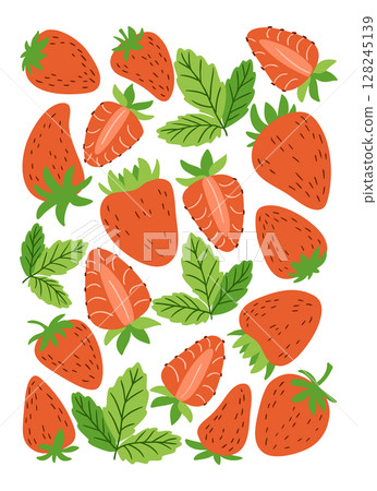 Strawberries and green leaves composition, hand drawn in bright flat style 128245139