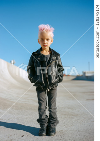 A young boy with pink hair stands in front of a wall 128245174