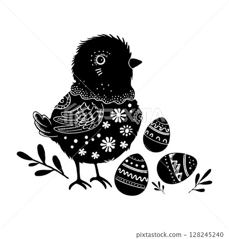 Cute chick with decorated Easter eggs on a white background. Concept of spring celebration Easter 128245240