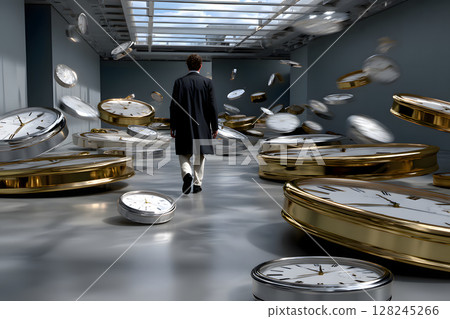 Man walking among floating clocks in modern room with glass ceiling, surrounded by large gold and silver timepieces, creating surreal and contemplative atmosphere 128245266