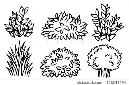 Set of landscape elements of different bushes and plants. Vector illustration in doodle style Set of landscape elements of different bushes and plants. Vector illustration in doodle style 128245294