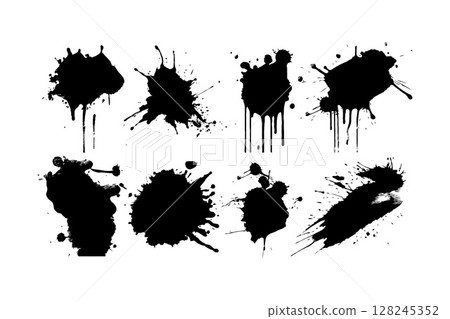 Collection of black ink splatters with dripping effects and splashes in grunge style on white background, concept of mess or creativity 128245352