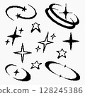 A collection of black and white pixel-style sparkle and star icons, perfect for retro designs, Y2K aesthetics 128245386