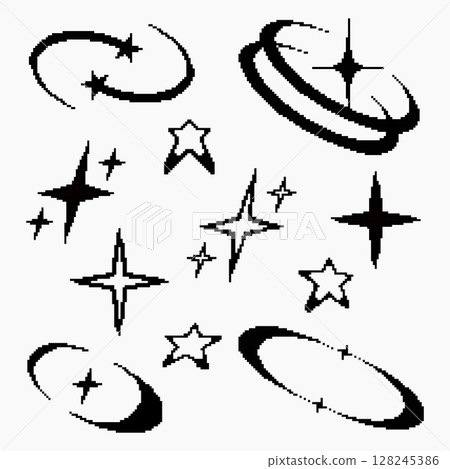 A collection of black and white pixel-style sparkle and star icons, perfect for retro designs, Y2K aesthetics A collection of black and white pixel-style sparkle and star icons, perfect for retro designs, Y2K aesthetics 128245386