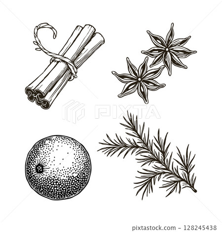 Hand-drawn illustration of cinnamon sticks, star anise, orange, and pine twig on white background. Concept of winter spices and herbs set Hand-drawn illustration of cinnamon sticks, star anise, orange, and pine twig on white background. Concept of winter spices and herbs set 128245438