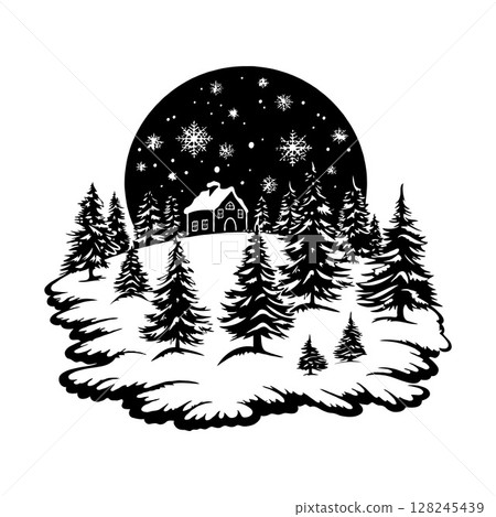 Winter scene showing a cabin among pine trees under a starry sky in silhouette style on white background, concept of peaceful snowy retreat 128245439