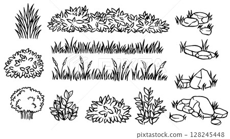Set of landscape elements of different bushes, plants, grass and stones. Vector illustration in doodle style 128245448