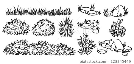 Set of landscape elements of different bushes, plants, grass and stones. Vector illustration in doodle style 128245449