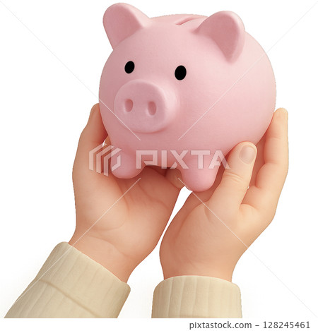 3D Cartoon Hands Holding Piggy Bank 128245461