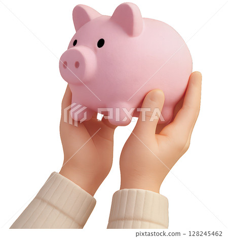 3D Cartoon Hands Holding Piggy Bank 128245462