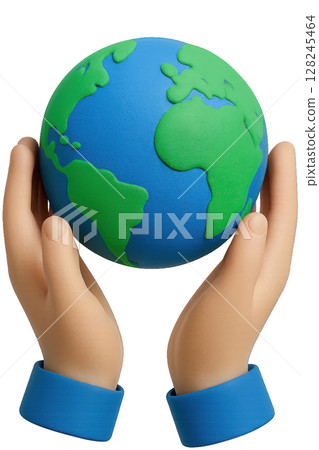 3D Cartoon Hands Holding Planet Earth 128245464