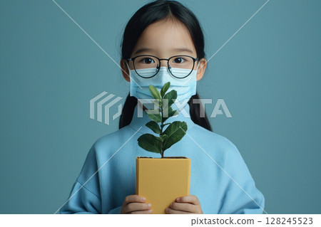 A girl wearing a mask holds a small plant in a pot, promoting environmental awareness. 128245523