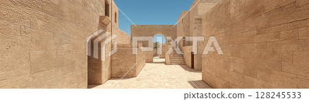 A serene pathway through ancient textured buildings under a clear blue sky. 128245533