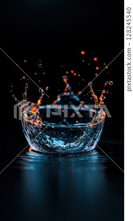 A stunning splash of water captured in a dark setting, showcasing vivid colors. 128245540