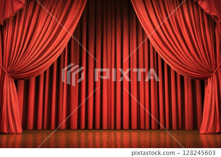 Closed maroon red curtain of stage with spotlight before show. Art performance background. Velvet curtain with arch entrance. Theatre. Nightclub cabaret show. Presentation of classic luxurious work 128245603