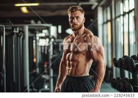 Shirtless muscular man standing in gym with intense gaze. Pumped up physique, six pack abs and strong pose in fitness club. Strength, bodybuilding and healthy lifestyle. Plenty of space for text 128245633