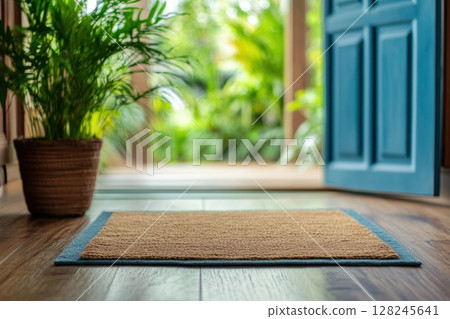 Close-up of natural fiber doormat on wooden floor with open blue doors. Potted plant in frame. Bright daylight outside. Inviting home entrance. Clean, fresh, cozy mood. Interior, lifestyle. Banner Close-up of natural fiber doormat on wooden floor with open blue doors. Potted plant in frame. Bright daylight outside. Inviting home entrance. Clean, fresh, cozy mood. Interior, lifestyle. Banner 128245641