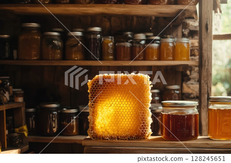 Close-up of natural honeycomb and glass jar with golden honey in rustic wooden shed. Sunlight highlights texture. Organic beekeeping. Warm tones. Traditional craftsmanship. Natural sweetness 128245651