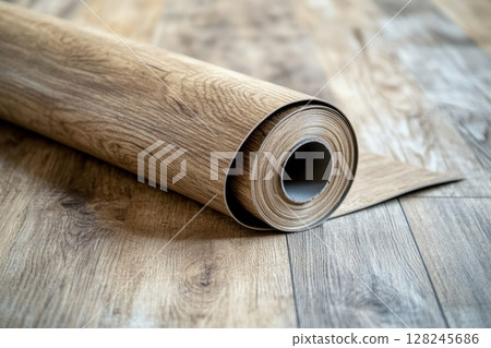 Close-up of grey vinyl flooring roll unrolling across bright modern room. Soft daylight. Wood texture detail. Clean, minimalist renovation process. Home interior improvement concept. Copy space Close-up of grey vinyl flooring roll unrolling across bright modern room. Soft daylight. Wood texture detail. Clean, minimalist renovation process. Home interior improvement concept. Copy space 128245686