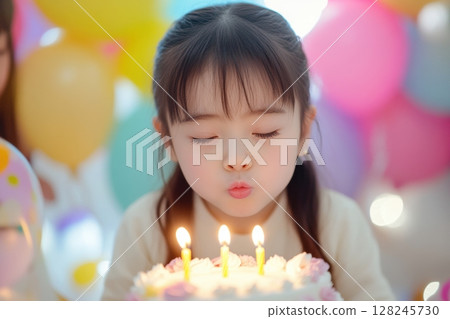 A little girl with long hair blows out candles on a birthday cake. Balloons are hung around it. The concept of advertising is related to holidays, childhood and family moments. Children's emotions 128245730