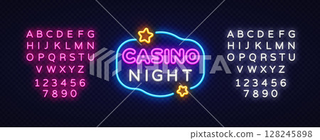 Neon sign with casino night lettering in pink and white, surrounded by glowing stars and curved frame. Includes two full alphabet sets in modern style. Neon sign with casino night lettering in pink and white, surrounded by glowing stars and curved frame. Includes two full alphabet sets in modern style. 128245898