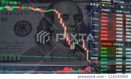 Red Bitcoin Candlestick Chart with US Dollar bills in the Background, crypto market crash. Stock Market collapse and Exchange volatility. Bitcoin Price Evolution. Financial risk, panic and devaluation 128245904