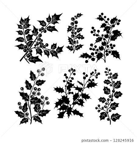 Set of silhouette of a Christmas holly berry on a white background. Vector illustration 128245916