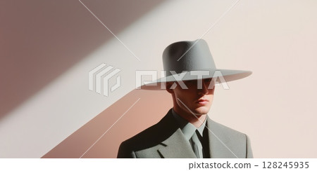Sophisticated businessman standing in studio, wearing wide brimmed gray hat, tailored light gray suit, natural light creating geometric shadows on background wall 128245935