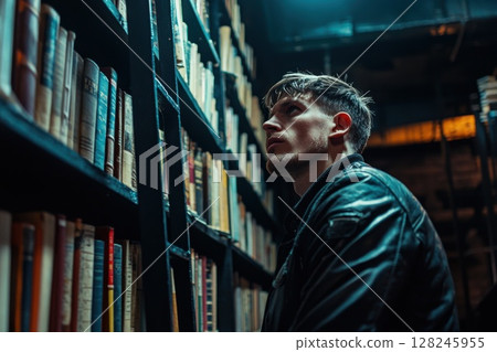 Male student browsing leather bound volumes among shadowy library stacks, dim lighting casting dramatic shadows across antique bookshelves during late evening hours 128245955
