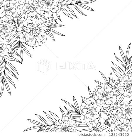 Blooming marigolds and tropical leaves monochrome vector square frame template with empty space for text. Floral illustration for invitation, greeting card, packaging, cultural design project 128245960