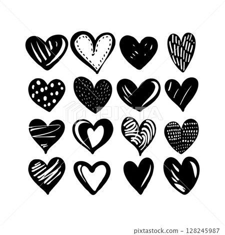 A collection of various hand-drawn hearts in black and white styles on a white background, showcasing love and creativity. Valentine's Day, Wedding, Engagement elements. A collection of various hand-drawn hearts in black and white styles on a white background, showcasing love and creativity. Valentine's Day, Wedding, Engagement elements. 128245987
