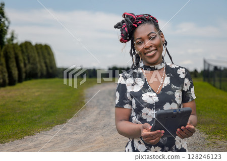 African American Woman Using Tablet Technology Outdoor Business Work 128246123