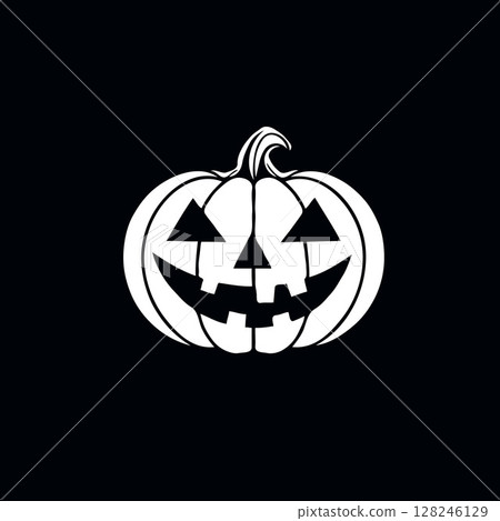 Creepy jack-o'-lantern with a wide grin and triangular eyes in a monochrome style on a black background, symbolizing Halloween celebration 128246129