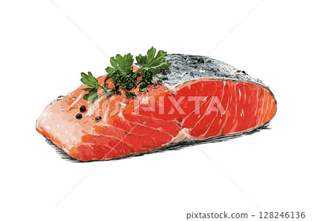 Raw salmon fillet garnished with herbs and peppercorns, hand-drawn style on white background. Concept of fresh seafood cooking preparation 128246136