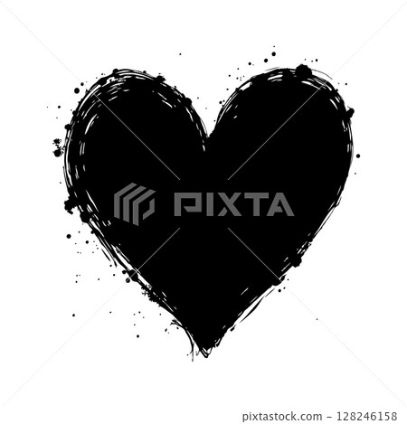 Black grunge-style heart with splashes and uneven edges on a white background, symbolizing love and emotions with artistic flair. Valentine's day illustration. Black grunge-style heart with splashes and uneven edges on a white background, symbolizing love and emotions with artistic flair. Valentine's day illustration. 128246158